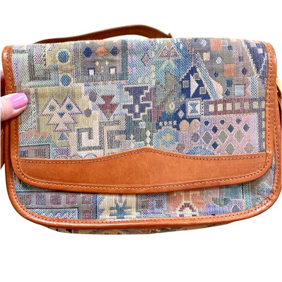 Italian Tapestry Purse 1980s Multicolor & Tan Leather Shoulder Bag Unique Retro - Picture 2 of 11